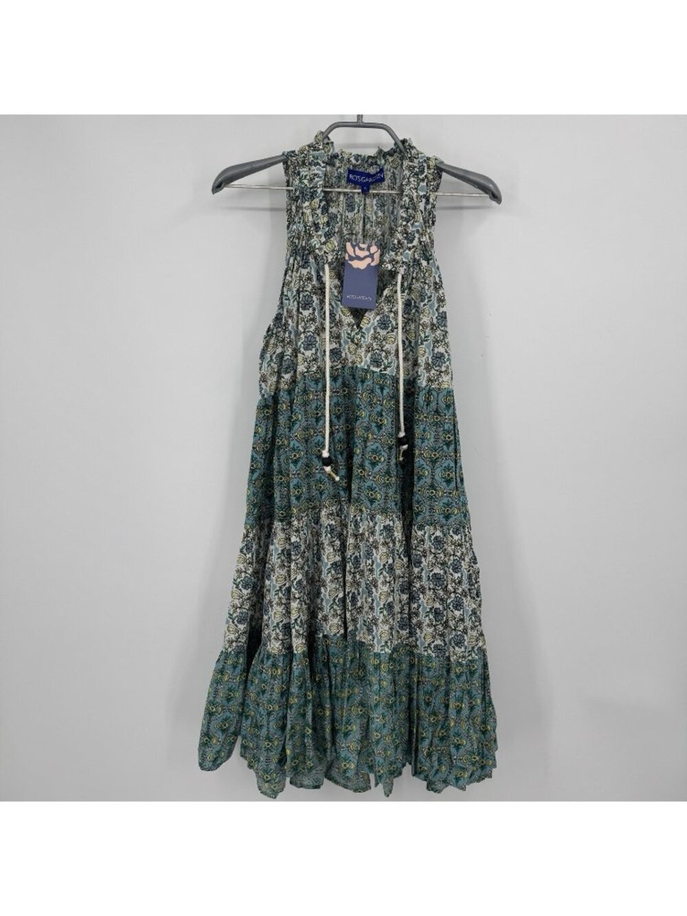 Ro's Garden Green Floral Sleeveless Sofia Mini Dress size S Small Tiered Flowy